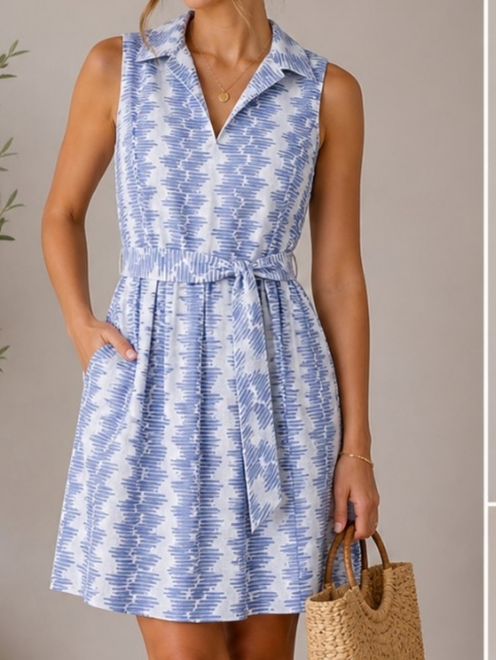 NWT CK Bradley Blue White A-Line Virginia Summer Dress strip Belted Sz XS